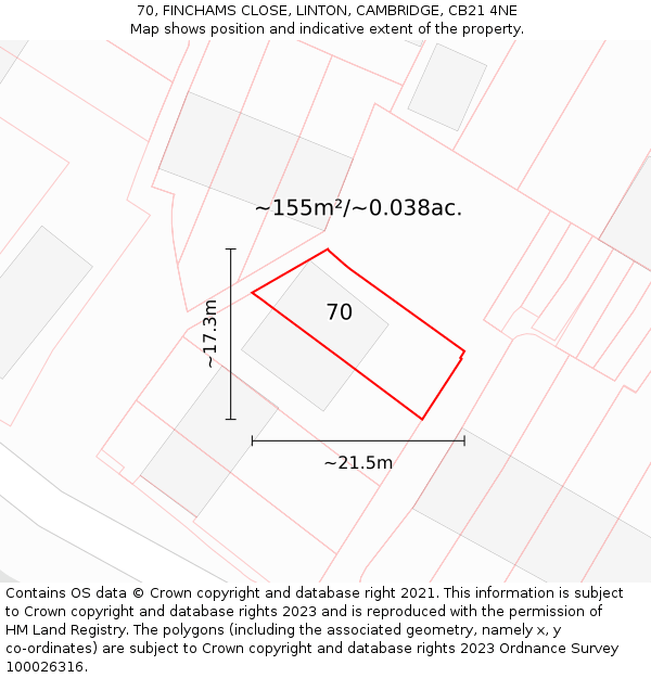 70, FINCHAMS CLOSE, LINTON, CAMBRIDGE, CB21 4NE: Plot and title map