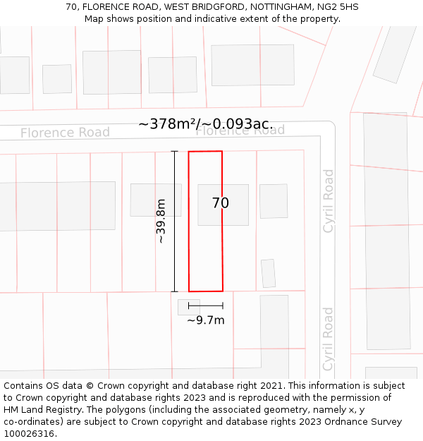 70, FLORENCE ROAD, WEST BRIDGFORD, NOTTINGHAM, NG2 5HS: Plot and title map