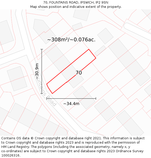 70, FOUNTAINS ROAD, IPSWICH, IP2 9SN: Plot and title map