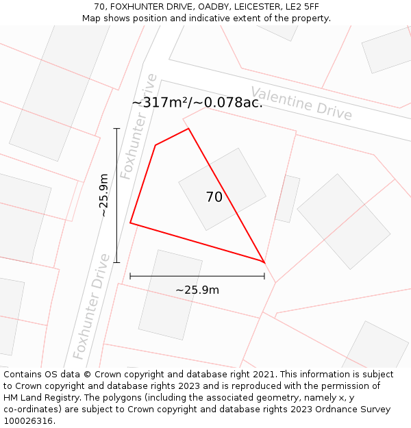 70, FOXHUNTER DRIVE, OADBY, LEICESTER, LE2 5FF: Plot and title map