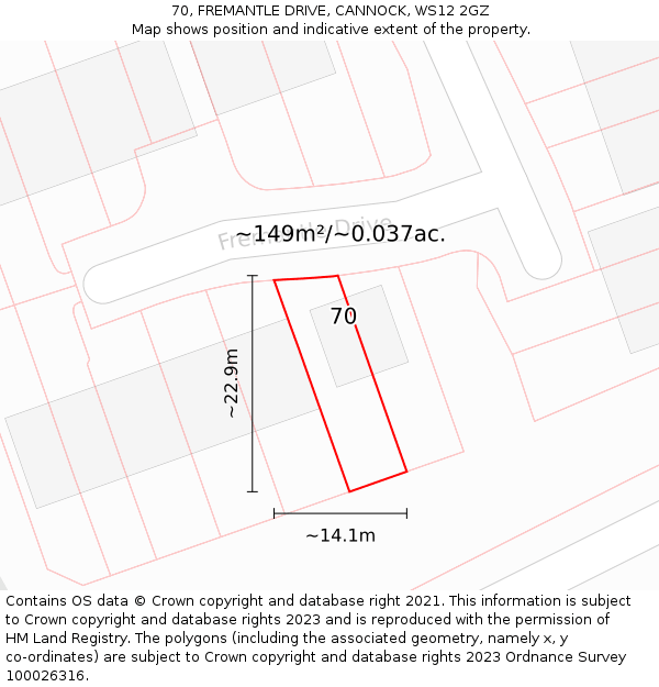 70, FREMANTLE DRIVE, CANNOCK, WS12 2GZ: Plot and title map