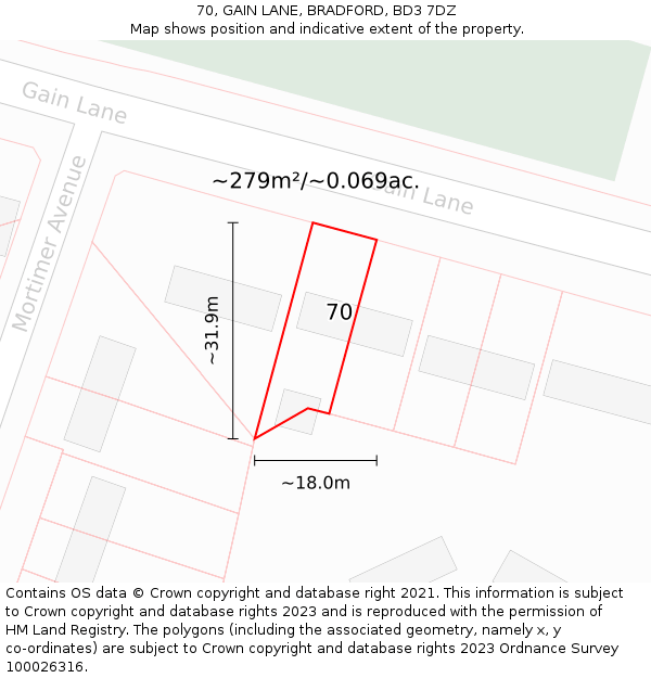 70, GAIN LANE, BRADFORD, BD3 7DZ: Plot and title map