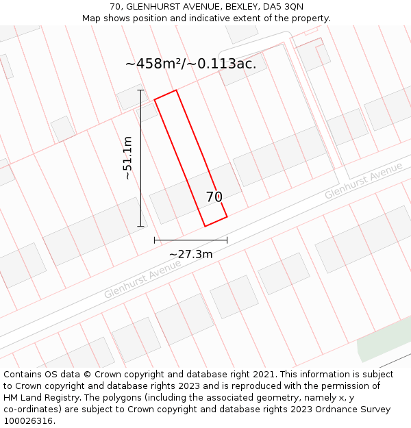 70, GLENHURST AVENUE, BEXLEY, DA5 3QN: Plot and title map