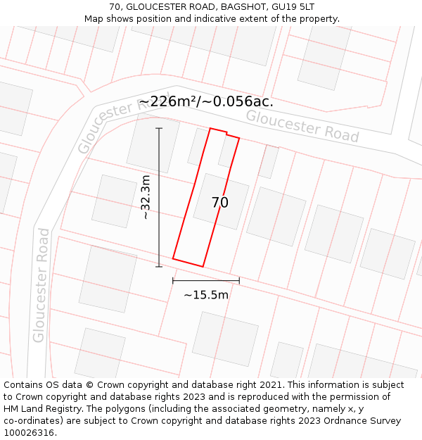 70, GLOUCESTER ROAD, BAGSHOT, GU19 5LT: Plot and title map