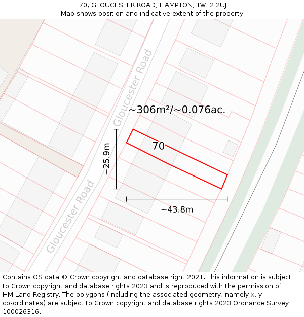 70, GLOUCESTER ROAD, HAMPTON, TW12 2UJ: Plot and title map