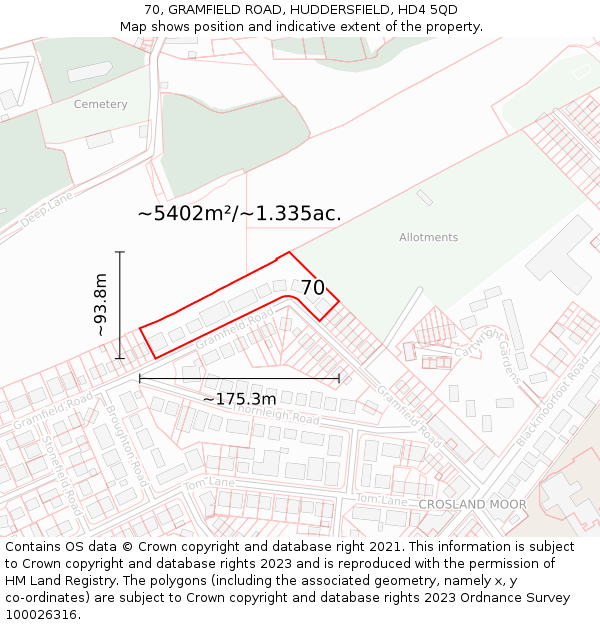 70, GRAMFIELD ROAD, HUDDERSFIELD, HD4 5QD: Plot and title map