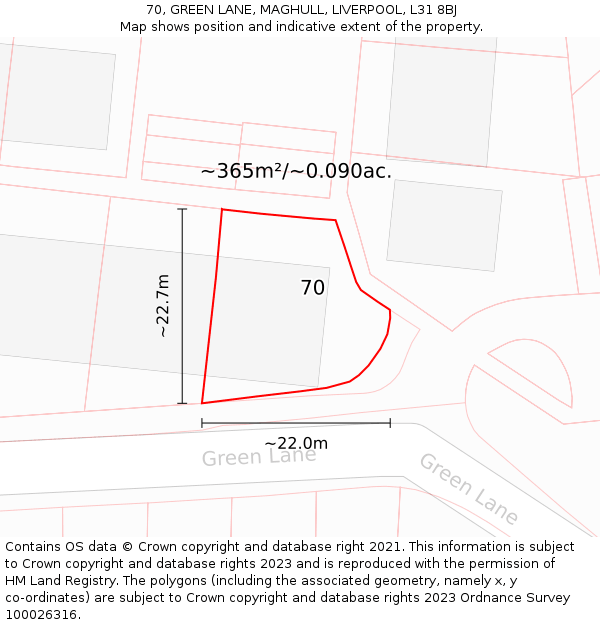 70, GREEN LANE, MAGHULL, LIVERPOOL, L31 8BJ: Plot and title map