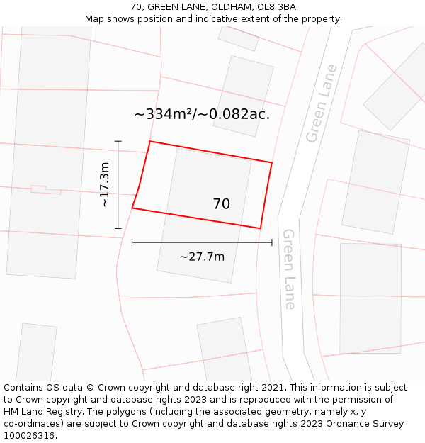 70, GREEN LANE, OLDHAM, OL8 3BA: Plot and title map