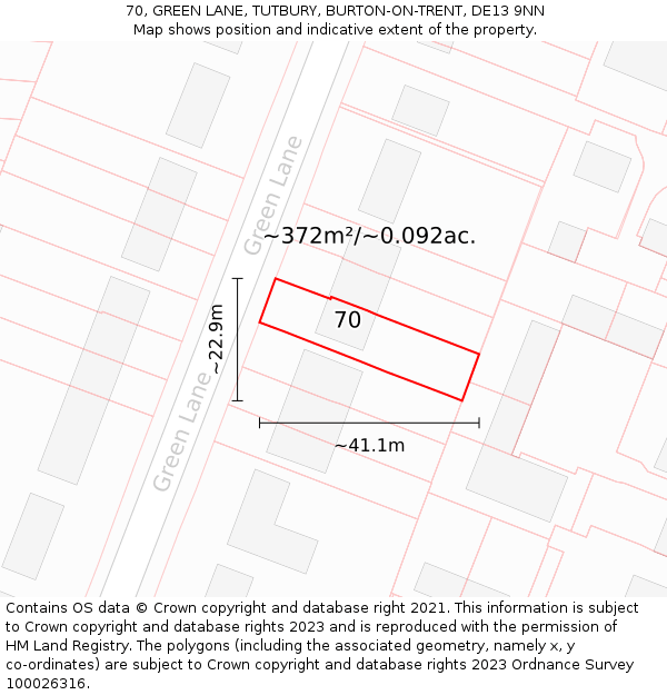 70, GREEN LANE, TUTBURY, BURTON-ON-TRENT, DE13 9NN: Plot and title map