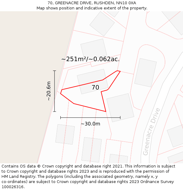 70, GREENACRE DRIVE, RUSHDEN, NN10 0XA: Plot and title map