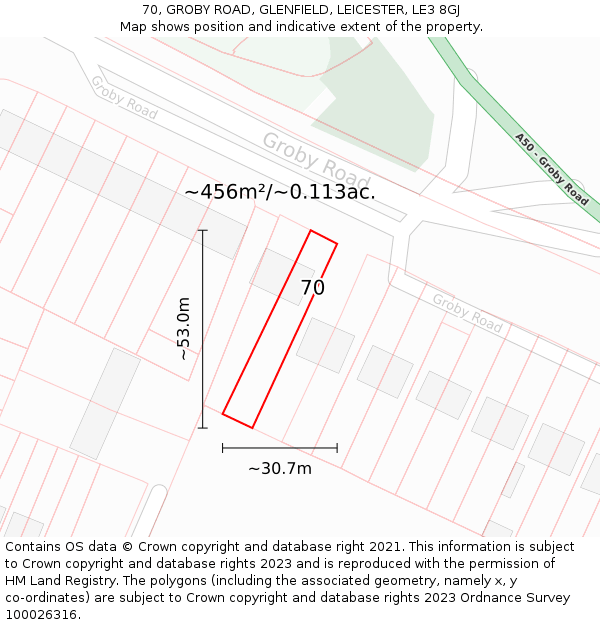 70, GROBY ROAD, GLENFIELD, LEICESTER, LE3 8GJ: Plot and title map