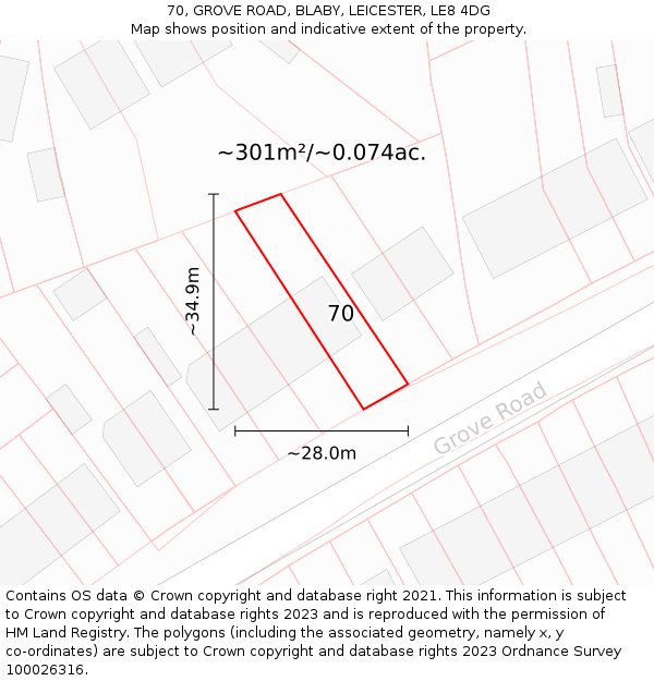 70, GROVE ROAD, BLABY, LEICESTER, LE8 4DG: Plot and title map