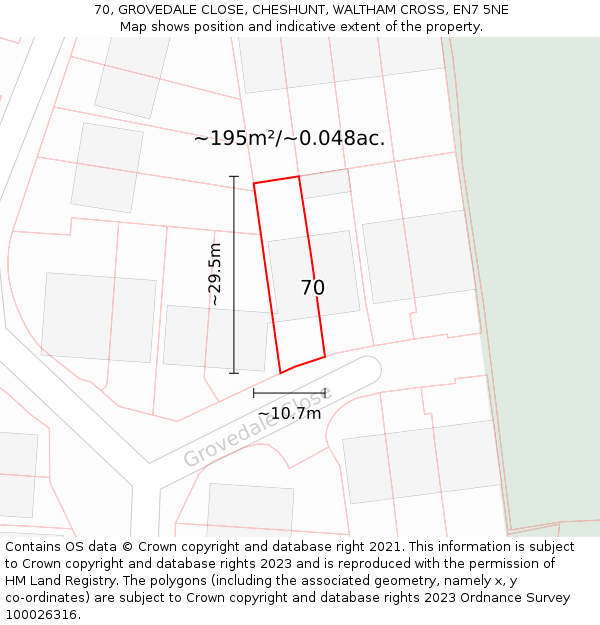 70, GROVEDALE CLOSE, CHESHUNT, WALTHAM CROSS, EN7 5NE: Plot and title map