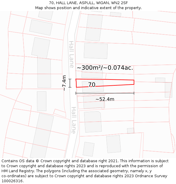 70, HALL LANE, ASPULL, WIGAN, WN2 2SF: Plot and title map