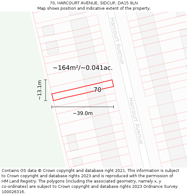 70, HARCOURT AVENUE, SIDCUP, DA15 9LN: Plot and title map