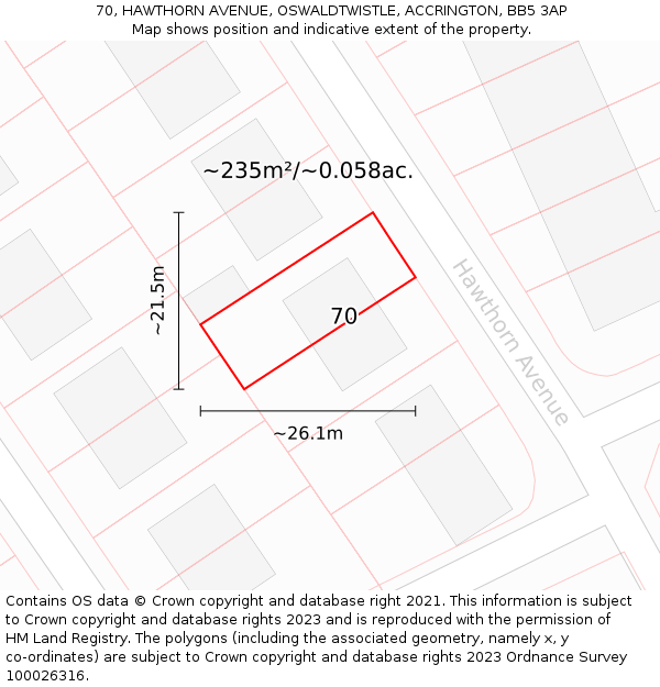 70, HAWTHORN AVENUE, OSWALDTWISTLE, ACCRINGTON, BB5 3AP: Plot and title map