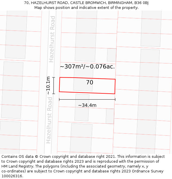 70, HAZELHURST ROAD, CASTLE BROMWICH, BIRMINGHAM, B36 0BJ: Plot and title map