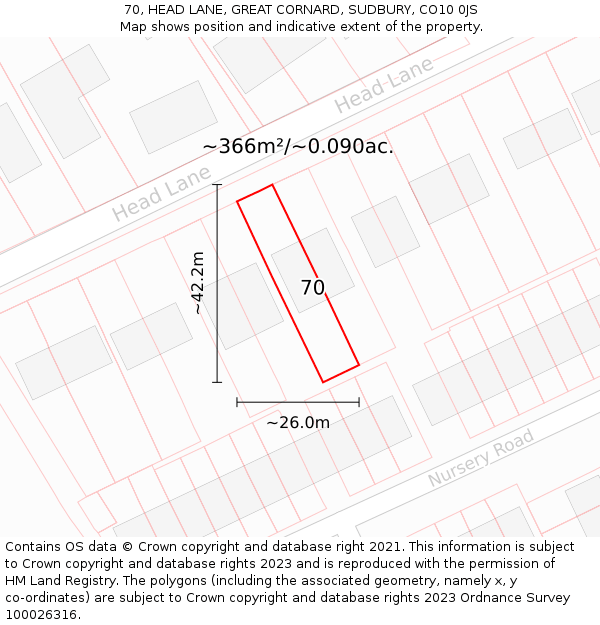 70, HEAD LANE, GREAT CORNARD, SUDBURY, CO10 0JS: Plot and title map