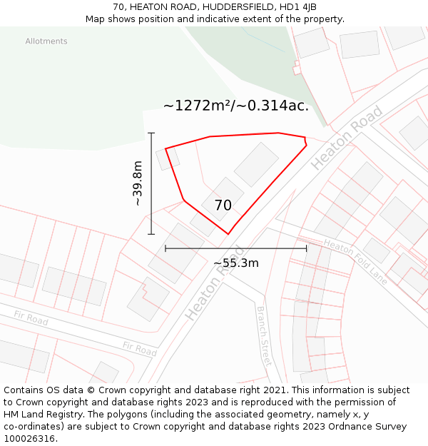 70, HEATON ROAD, HUDDERSFIELD, HD1 4JB: Plot and title map