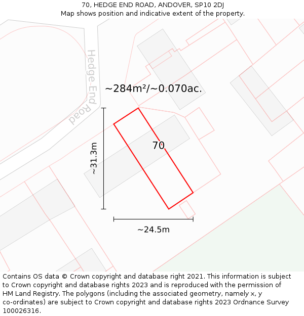 70, HEDGE END ROAD, ANDOVER, SP10 2DJ: Plot and title map