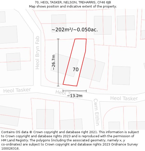 70, HEOL TASKER, NELSON, TREHARRIS, CF46 6JB: Plot and title map