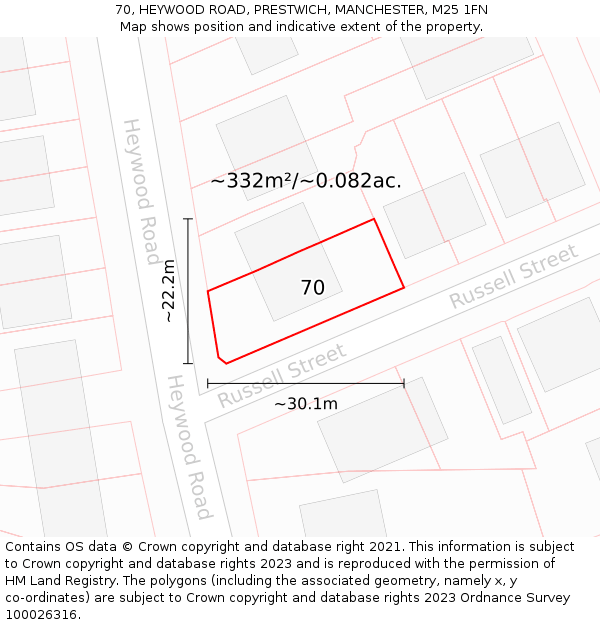 70, HEYWOOD ROAD, PRESTWICH, MANCHESTER, M25 1FN: Plot and title map