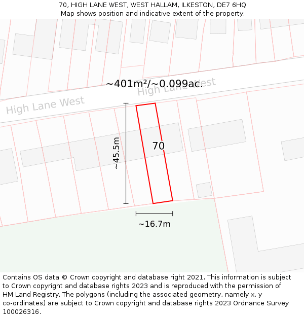 70, HIGH LANE WEST, WEST HALLAM, ILKESTON, DE7 6HQ: Plot and title map