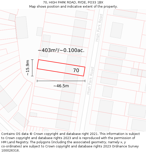 70, HIGH PARK ROAD, RYDE, PO33 1BX: Plot and title map