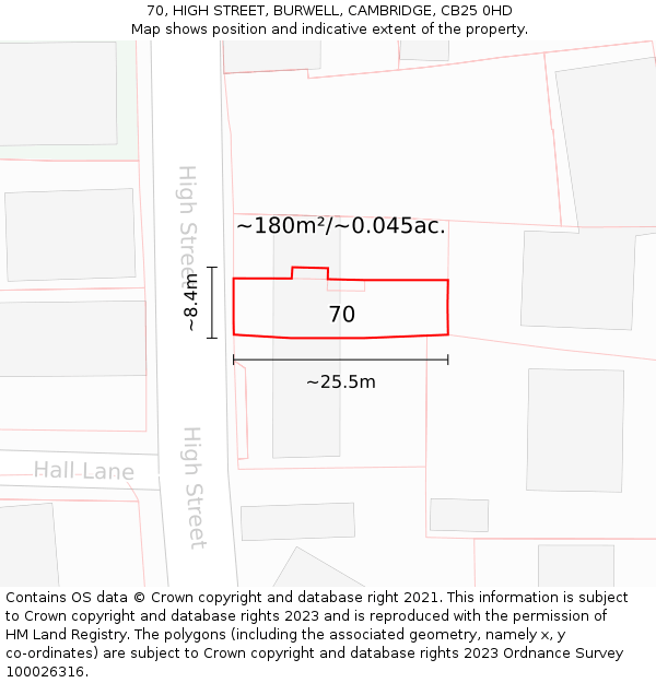 70, HIGH STREET, BURWELL, CAMBRIDGE, CB25 0HD: Plot and title map