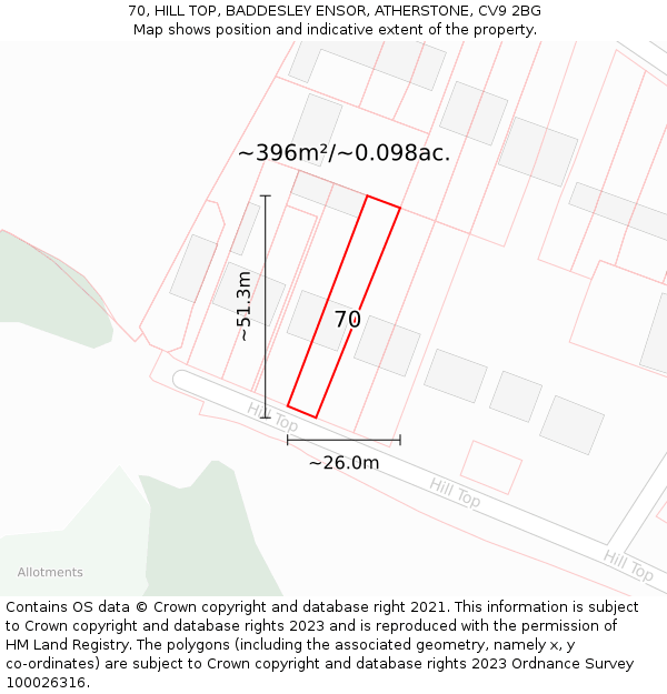 70, HILL TOP, BADDESLEY ENSOR, ATHERSTONE, CV9 2BG: Plot and title map