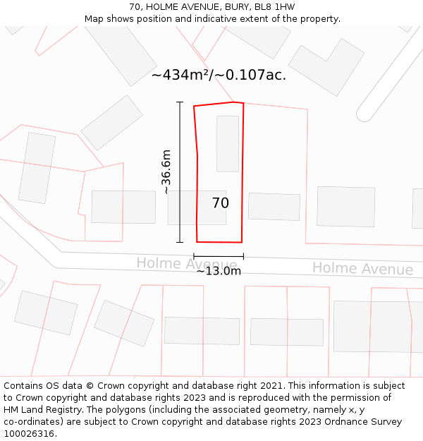 70, HOLME AVENUE, BURY, BL8 1HW: Plot and title map