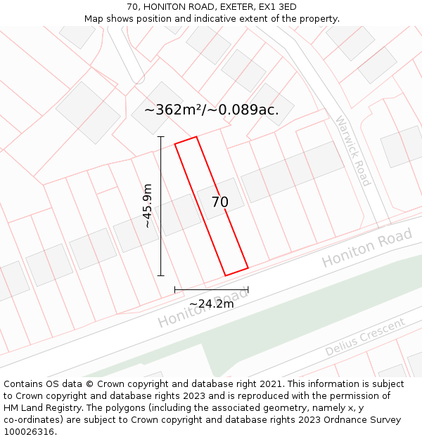 70, HONITON ROAD, EXETER, EX1 3ED: Plot and title map