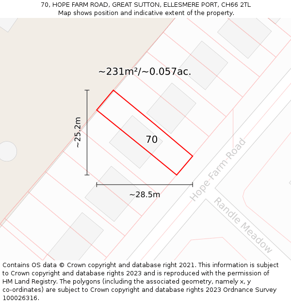 70, HOPE FARM ROAD, GREAT SUTTON, ELLESMERE PORT, CH66 2TL: Plot and title map