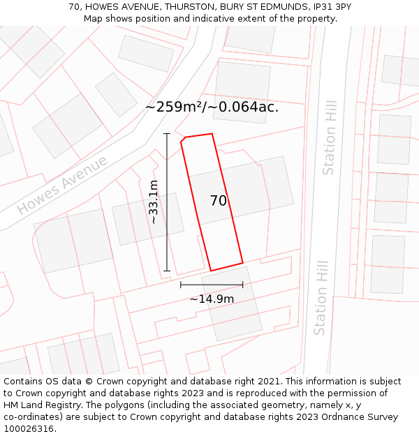 70, HOWES AVENUE, THURSTON, BURY ST EDMUNDS, IP31 3PY: Plot and title map