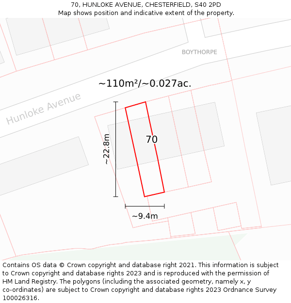 70, HUNLOKE AVENUE, CHESTERFIELD, S40 2PD: Plot and title map