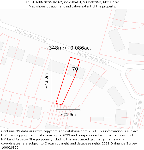 70, HUNTINGTON ROAD, COXHEATH, MAIDSTONE, ME17 4DY: Plot and title map