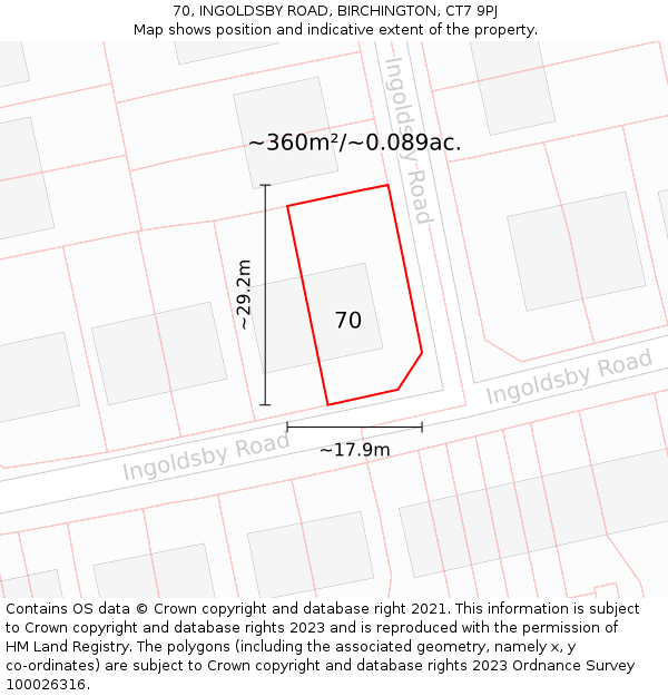 70, INGOLDSBY ROAD, BIRCHINGTON, CT7 9PJ: Plot and title map