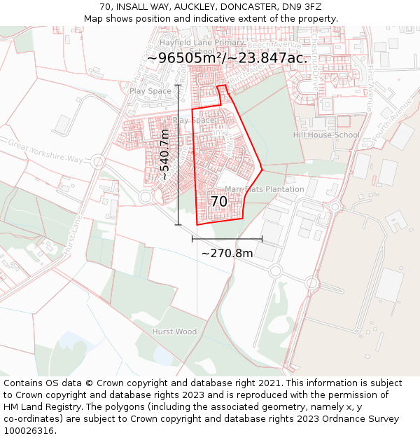 70, INSALL WAY, AUCKLEY, DONCASTER, DN9 3FZ: Plot and title map