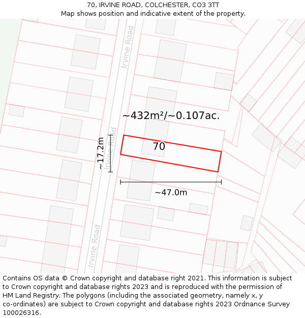 70, IRVINE ROAD, COLCHESTER, CO3 3TT: Plot and title map