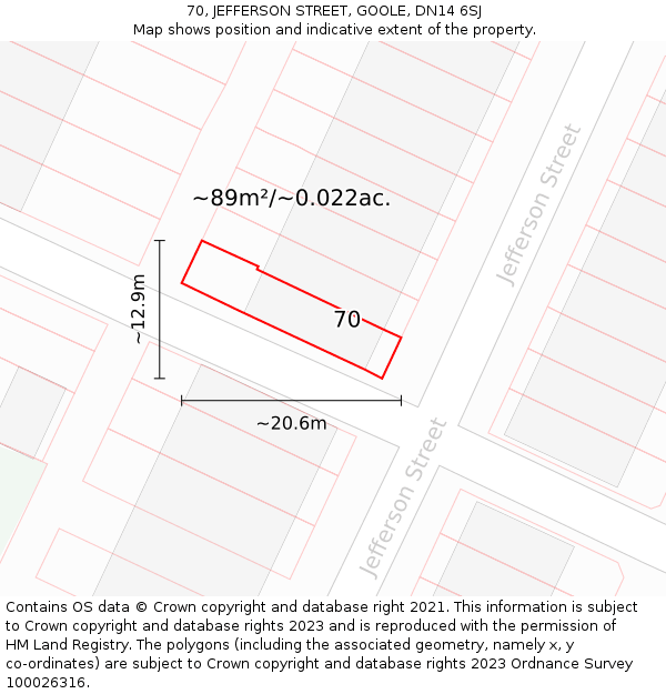 70, JEFFERSON STREET, GOOLE, DN14 6SJ: Plot and title map