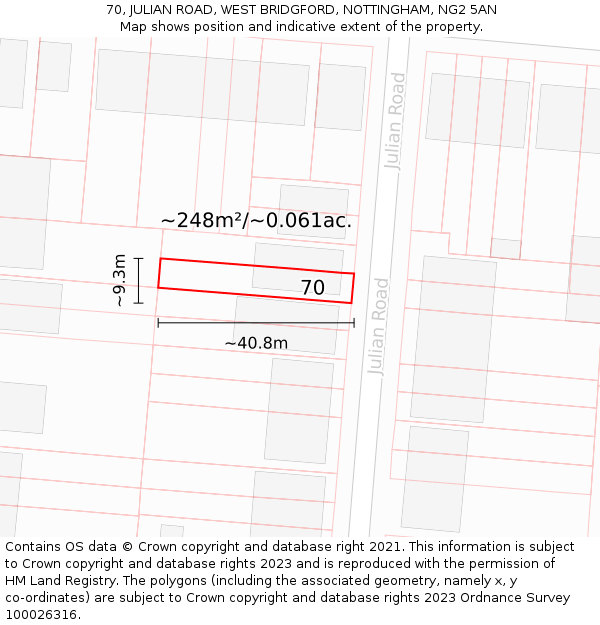 70, JULIAN ROAD, WEST BRIDGFORD, NOTTINGHAM, NG2 5AN: Plot and title map