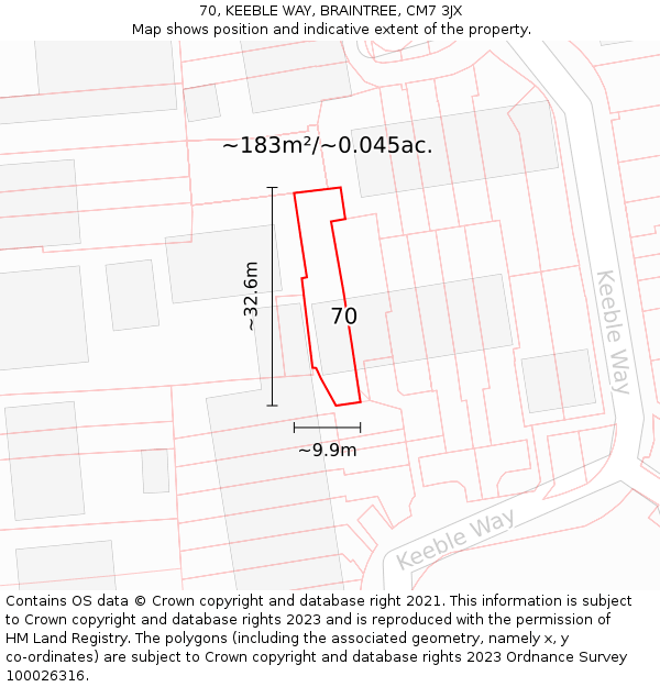 70, KEEBLE WAY, BRAINTREE, CM7 3JX: Plot and title map