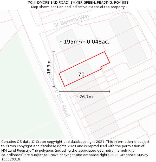 70, KIDMORE END ROAD, EMMER GREEN, READING, RG4 8SE: Plot and title map