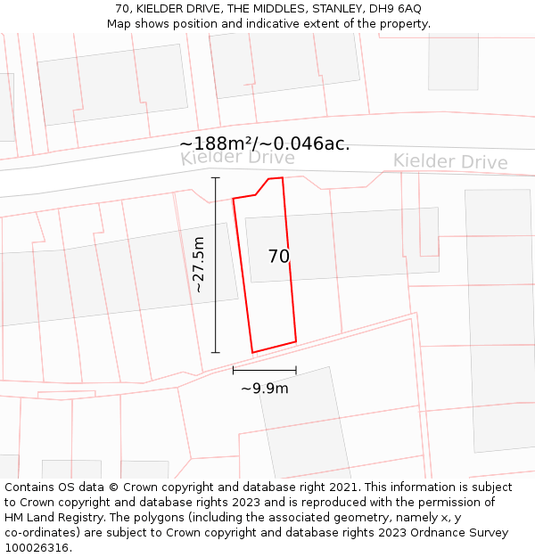 70, KIELDER DRIVE, THE MIDDLES, STANLEY, DH9 6AQ: Plot and title map
