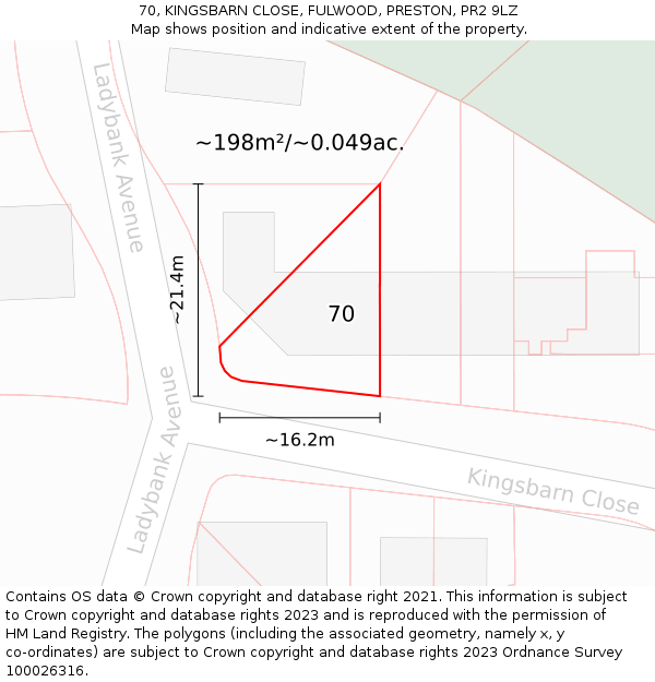 70, KINGSBARN CLOSE, FULWOOD, PRESTON, PR2 9LZ: Plot and title map