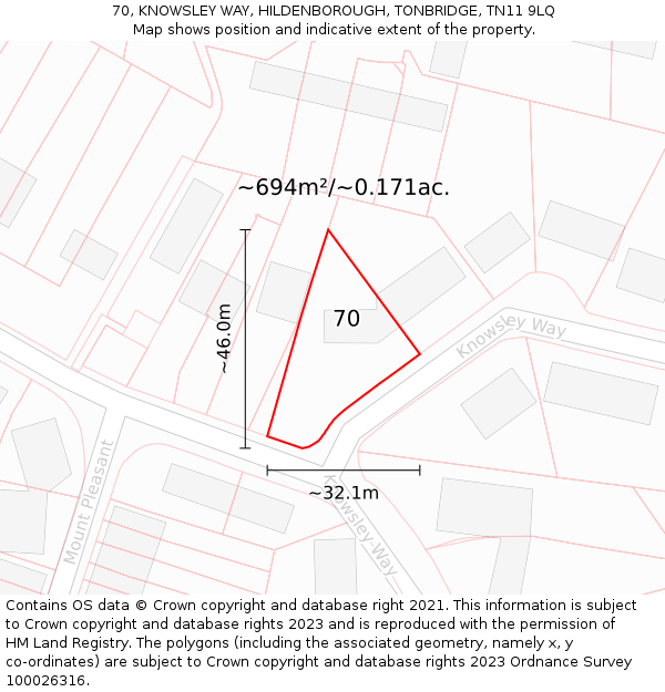 70, KNOWSLEY WAY, HILDENBOROUGH, TONBRIDGE, TN11 9LQ: Plot and title map