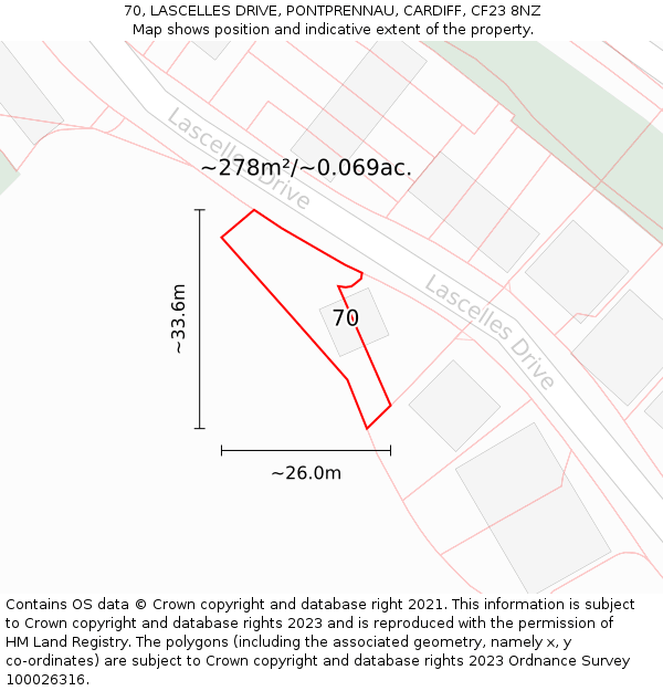 70, LASCELLES DRIVE, PONTPRENNAU, CARDIFF, CF23 8NZ: Plot and title map