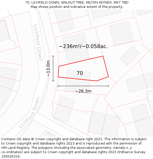 70, LICHFIELD DOWN, WALNUT TREE, MILTON KEYNES, MK7 7BD: Plot and title map