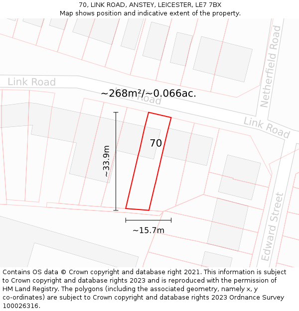 70, LINK ROAD, ANSTEY, LEICESTER, LE7 7BX: Plot and title map