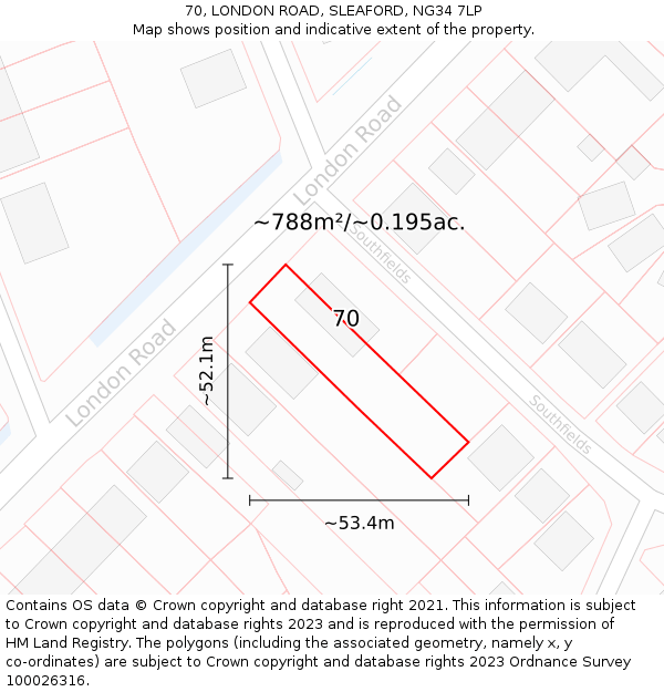 70, LONDON ROAD, SLEAFORD, NG34 7LP: Plot and title map